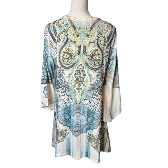 Live and Let Live Tunic Size L Green and Blue Print Asymmetrical Hem Tie Front - Picture 3 of 7